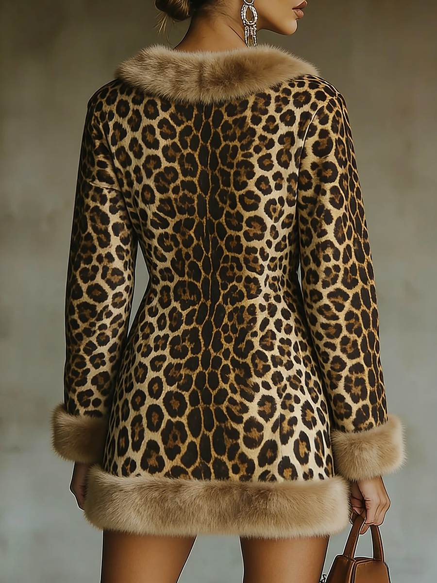 sheenchic Daily Brown Leopard V Neck Long Sleeve Pocket Western Contrast Faux Fur Mini Dresses