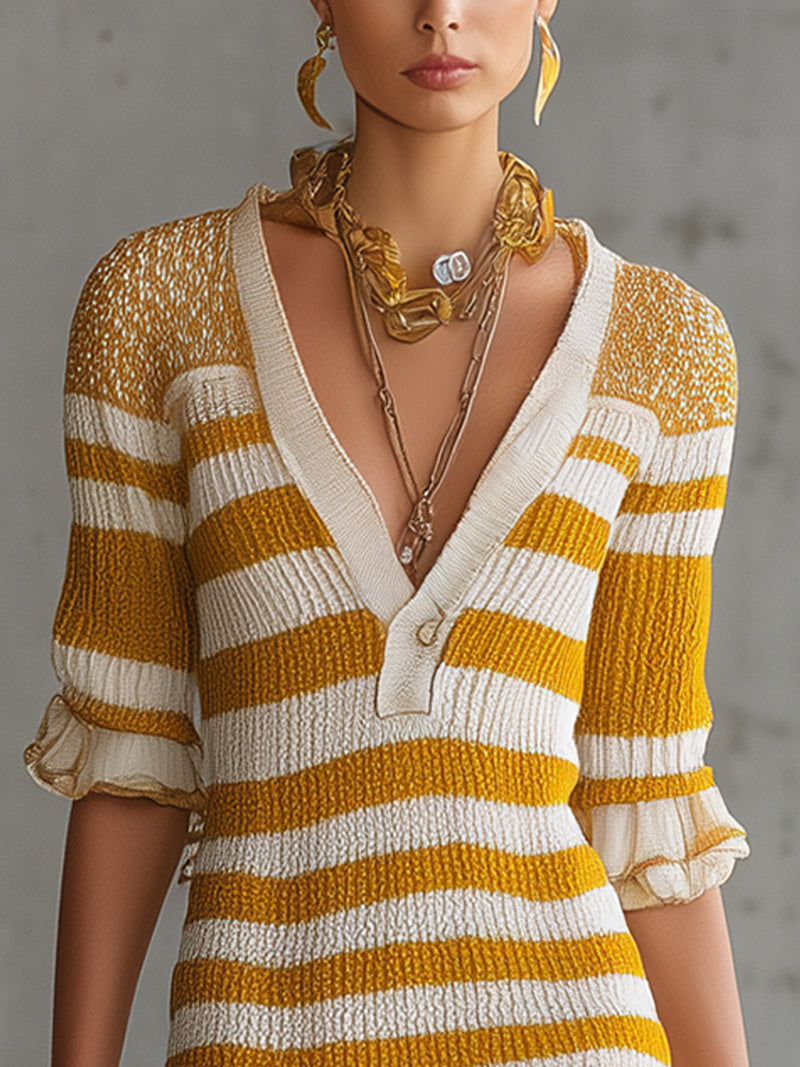 Yellow And White Striped Knit Mini Dress With Ruffled Hem