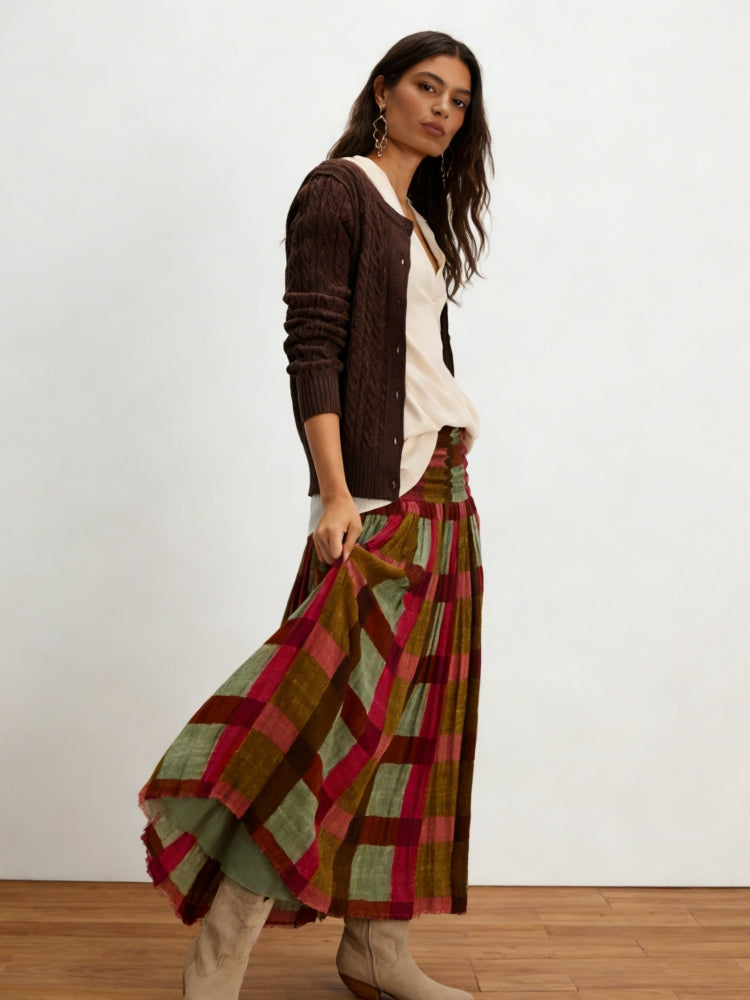 Retro Plaid Pleated Maxi Skirt