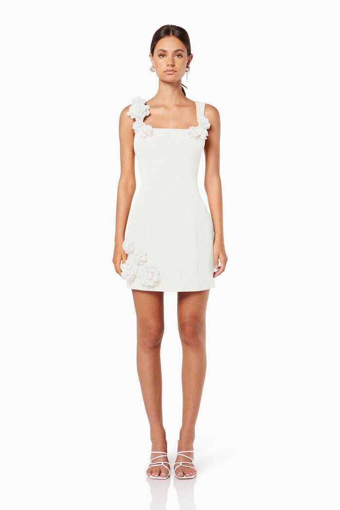 Solid Color 3D Floral Strap Mini Dress