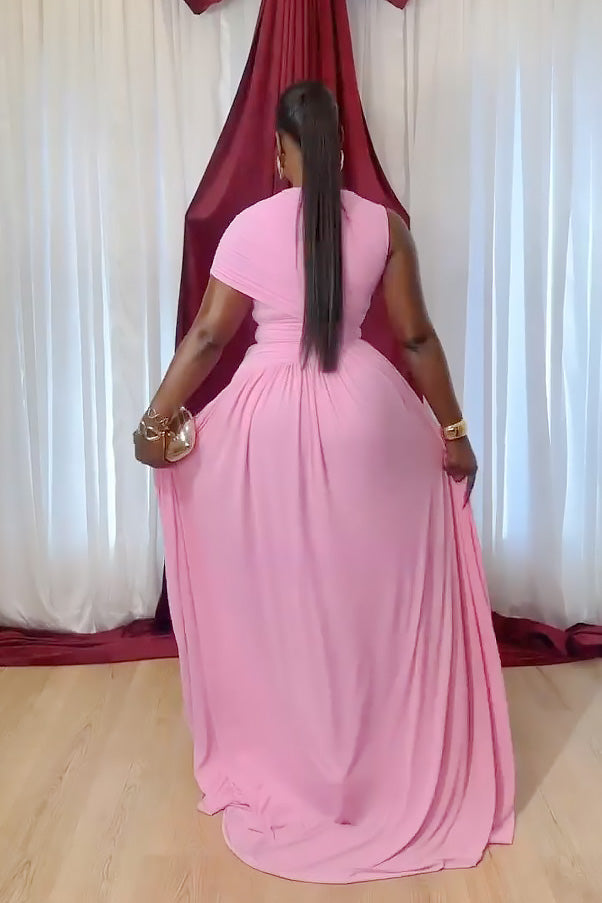 Hot Pink One-Shoulder Ruched Maxi Dress
