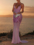 V-neck Backless Sequined Fishtail Maxi Dress