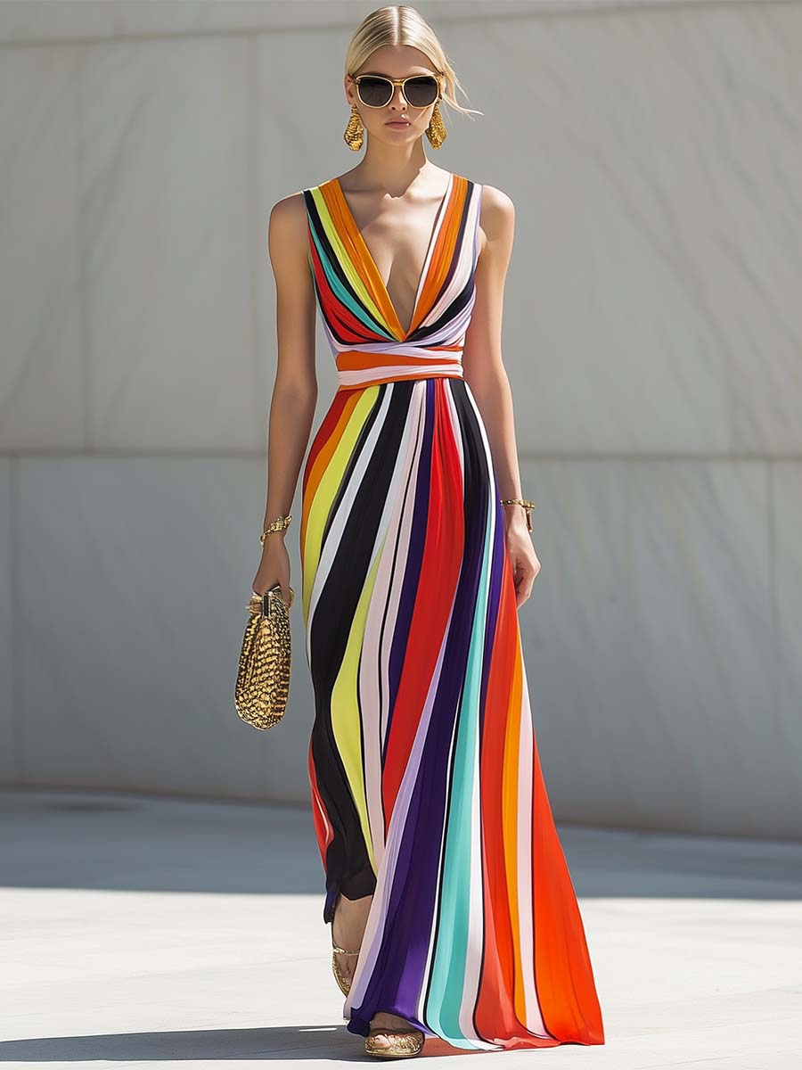 【24-hour shipping out】Elegant Flowing V-neck Rainbow Stripe Print Chiffon Maxi Dress