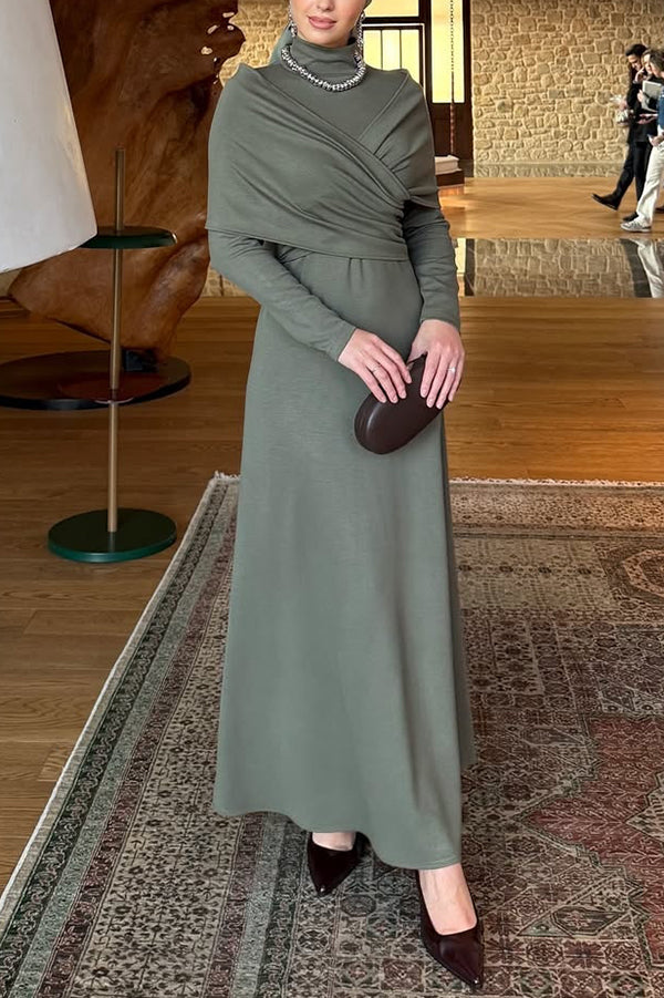 Solid Color High-neck Long-sleeved Crossover Waist Slim-fit Maxi Dress