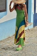 Abstract Print Green Round Neck Suspender Long Dress