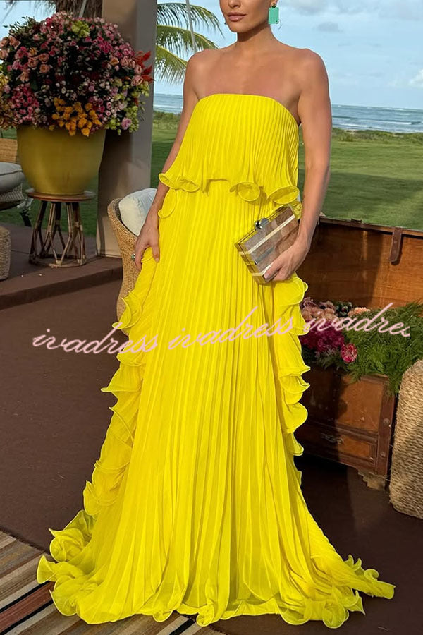 Reina Chiffon Pleated Wavy Ruffles Trim Strapless Loose Maxi Dress