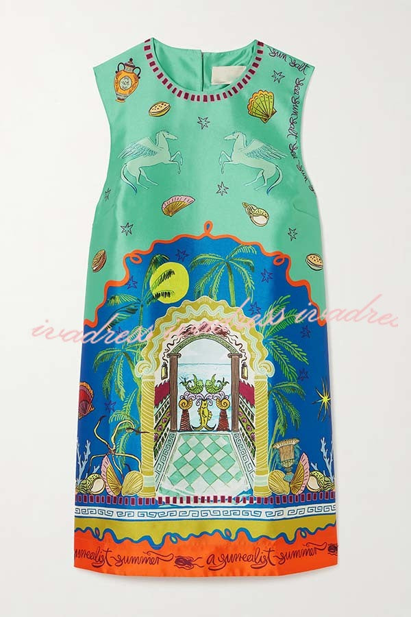 Natural Beauty Satin Unique Print Sleeveless H-line Mini Dress