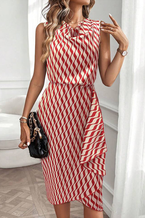 Unique Print Draped Front Neck Asymmetric Hem Mini Dress