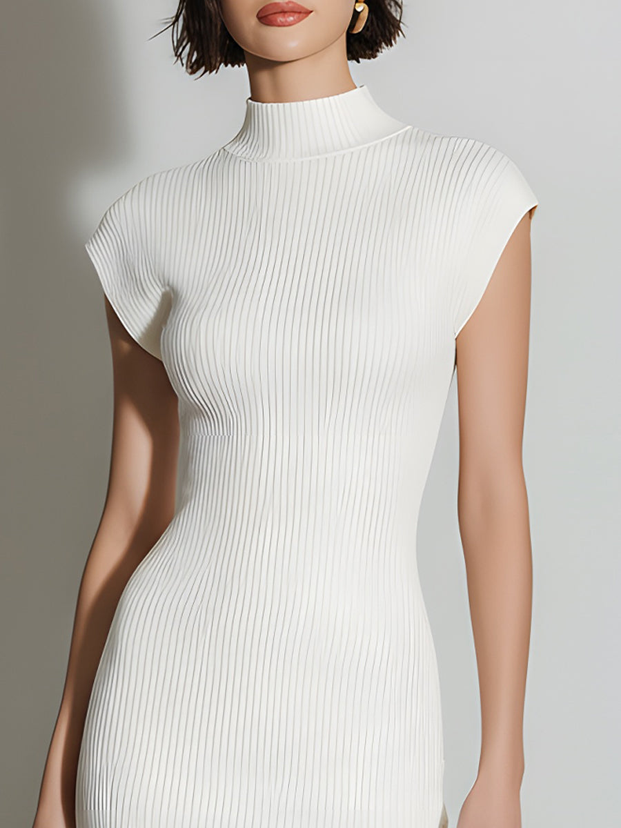 White Mock Neck Ribbed Knit Mini Dress With Ruffle Hem