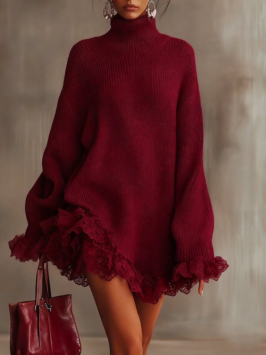 sheenchic Party Lace Burgundy High Collar Long Sleeve Ruffle Vintage Contrast Knitted Mini Dresses