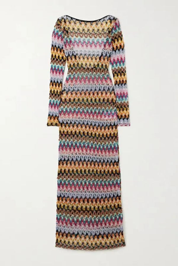 Jensin Knit Colorful Zigzag Pattern Long Sleeve Open Back Slit Vacation Maxi Dress