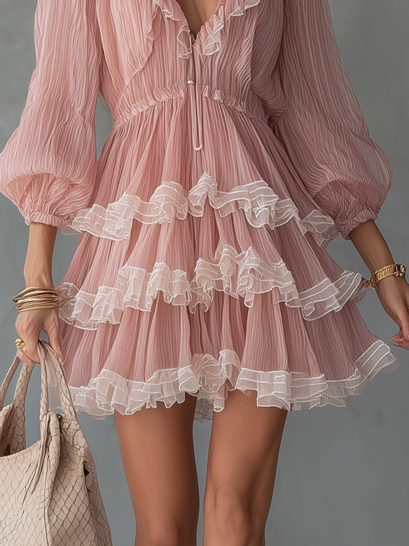 Pink Pleated Chiffon Ruffle Mini Dress