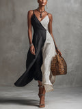 Striped Linen Spaghetti Strap Wrap Maxi Dress