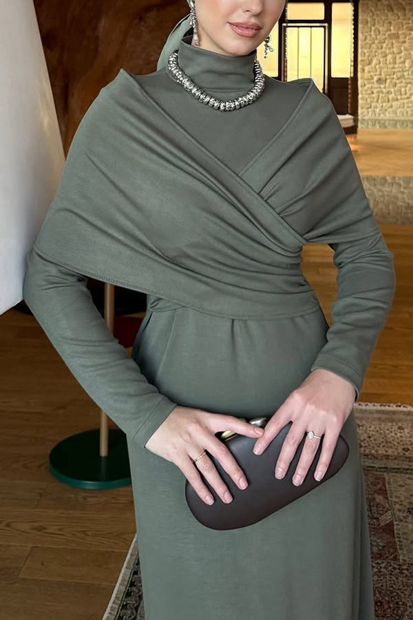 Solid Color High-neck Long-sleeved Crossover Waist Slim-fit Maxi Dress