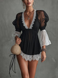 Black Sheer Chiffon Lace Trim Puff Sleeve Mini Dress