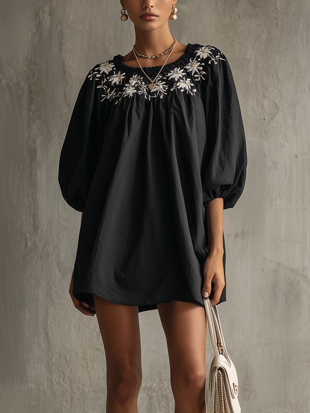 Embroidered Puff-Sleeve Mini Dress With Floral Detail And Relaxed Silhouette