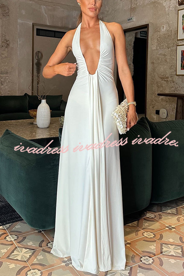 Sexy Silhouette Deep U-neck Halter Waterfall Sash Drape Maxi Dress