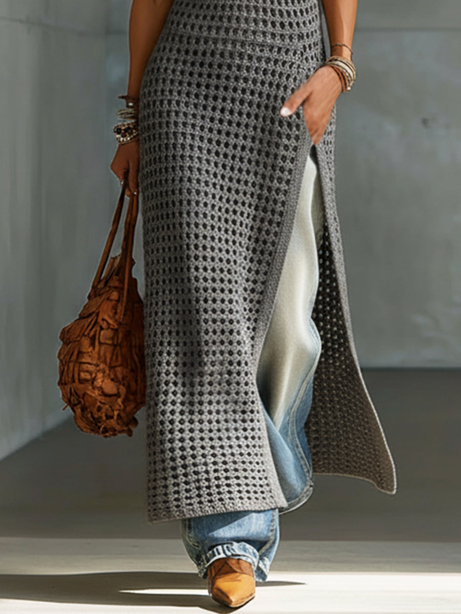 Gray Sleeveless High Neck Openwork Knit Slit Maxi Dress