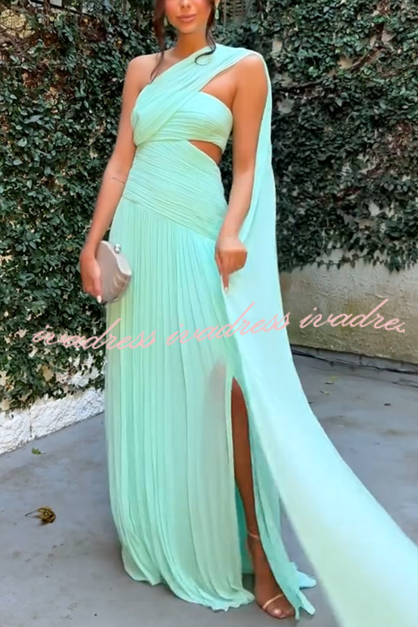 Forest Muse Chiffon Pleated Off Shoulder Cutout Waist Cape Maxi Dress