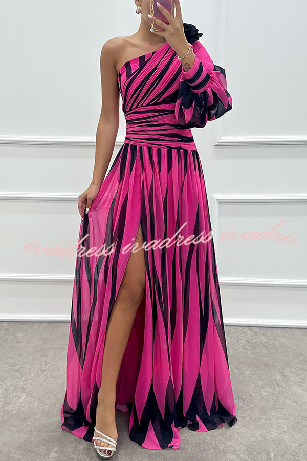 Purely Charming Printed Rose Pendant One Shoulder Pleated Slit Maxi Dress