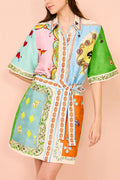 Linen Blend Unique Printed Short Sleeved Pocket Tie Waist Mini Dress(One Size UP)