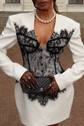 Saela Contrast Lace Corset Design V-neck Long Sleeve Tulip Mini Dress