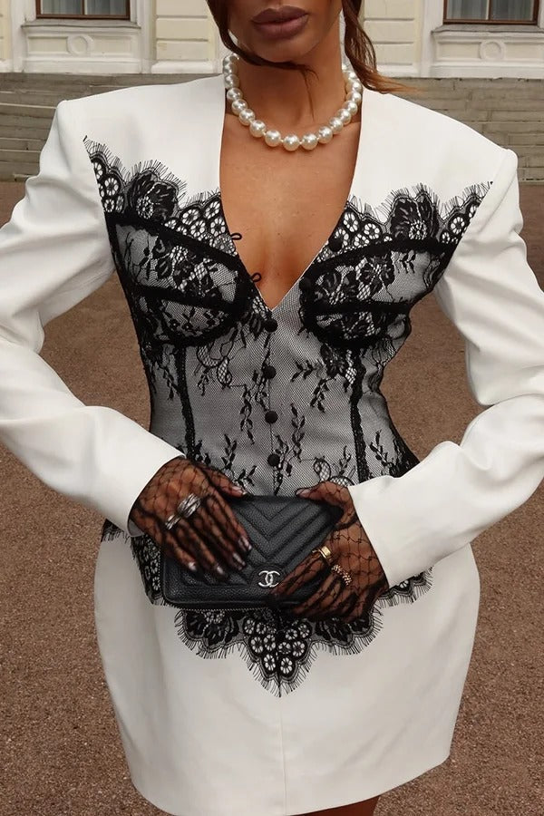 Saela Contrast Lace Corset Design V-neck Long Sleeve Tulip Mini Dress