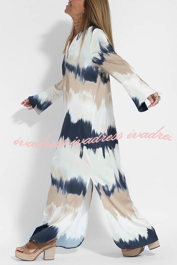 Tie Dye V Neck Pullover Long Sleeve Maxi Dress