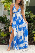 WHITE AND BLUE PRINTED MAXI DRESS WITH CUT OUTS