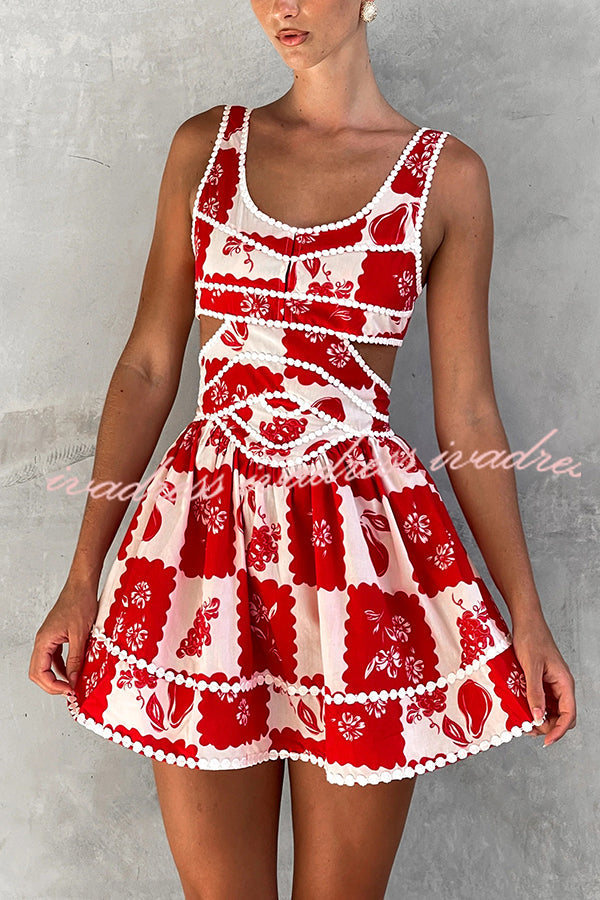 Holiday Colors Ric Rac Trims Unique Print Cutout Round Neck Mini Dress