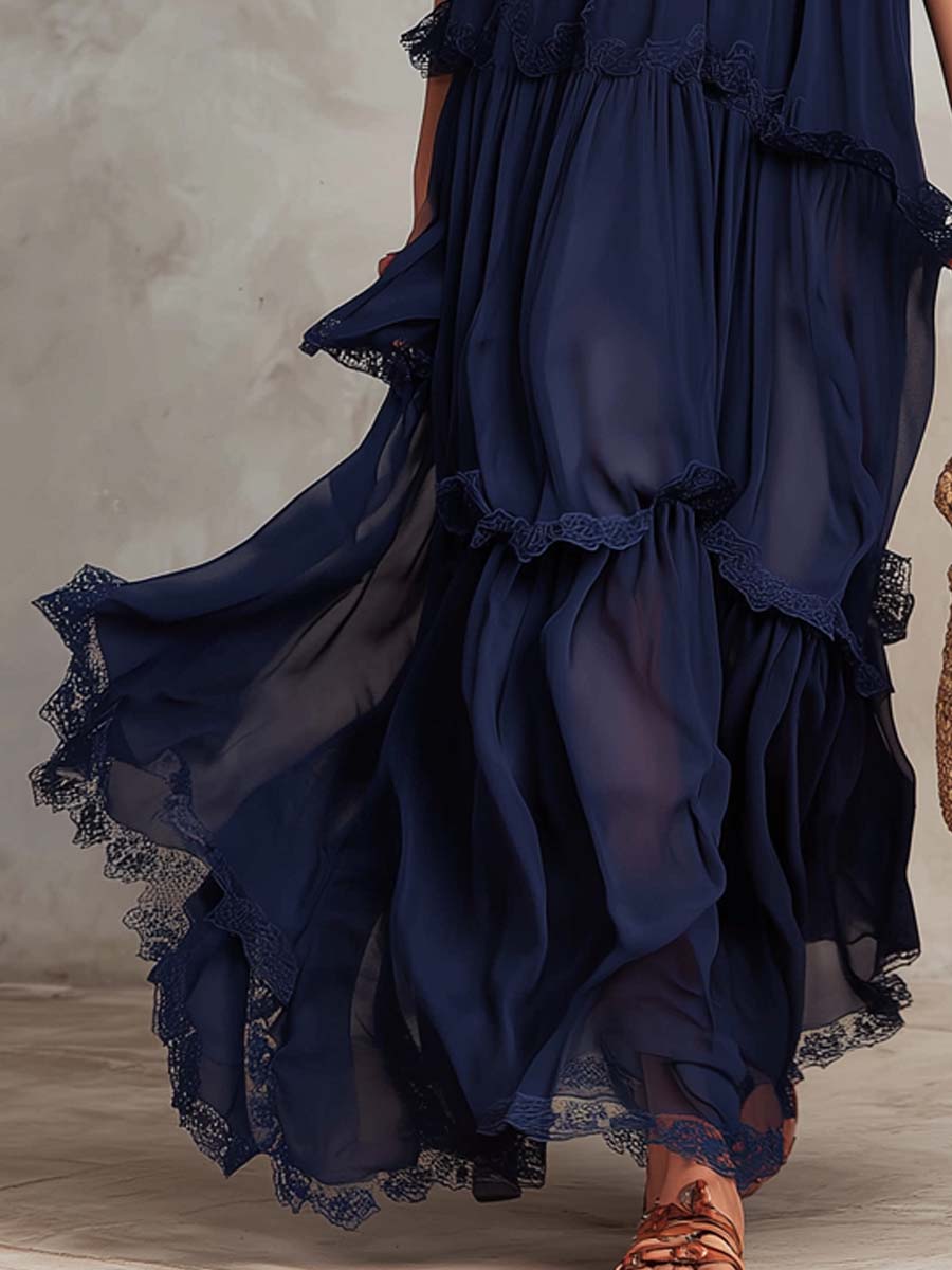 Vintage Chiffon Maxi Dress With Lace Trim
