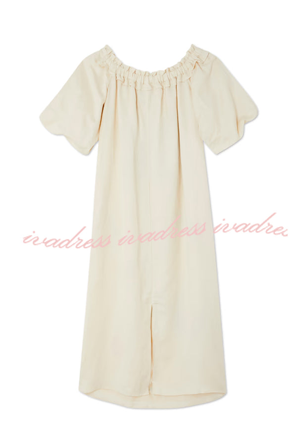 Sunveil Linen Blend Unique Print Puff Sleeve Pocket Strapless Maxi Dress