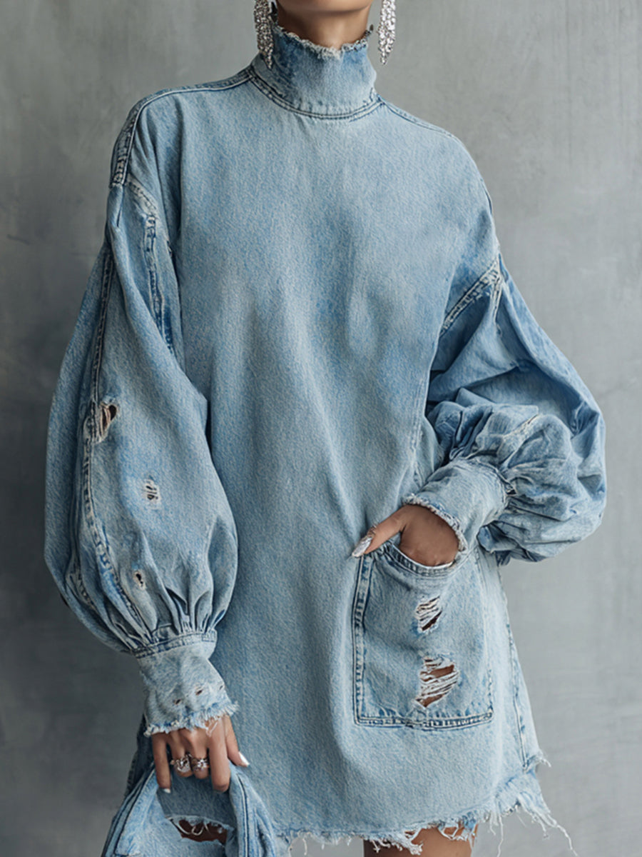 sheenchic Festival Blue High Collar Lantern Sleeve Long Sleeve Trimmings Vintage Ripped Denim Mini Dresses