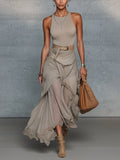 Oatmeal Comfortable Sleeveless Chiffon Maxi Dress Accessories Not Included