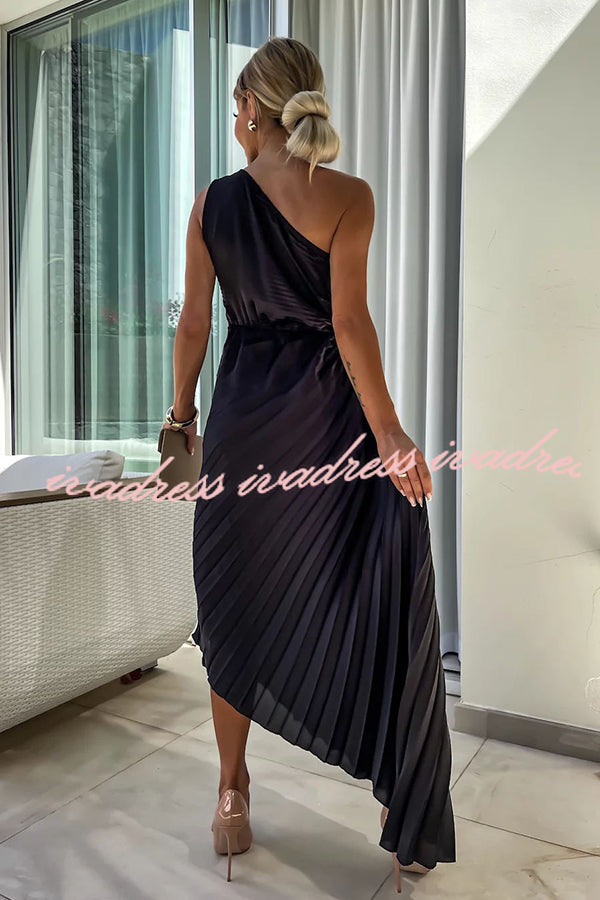 Romantic Nights Satin Raised Flower Elastic Cutout One Shoulder Pleated Maxi Dress
