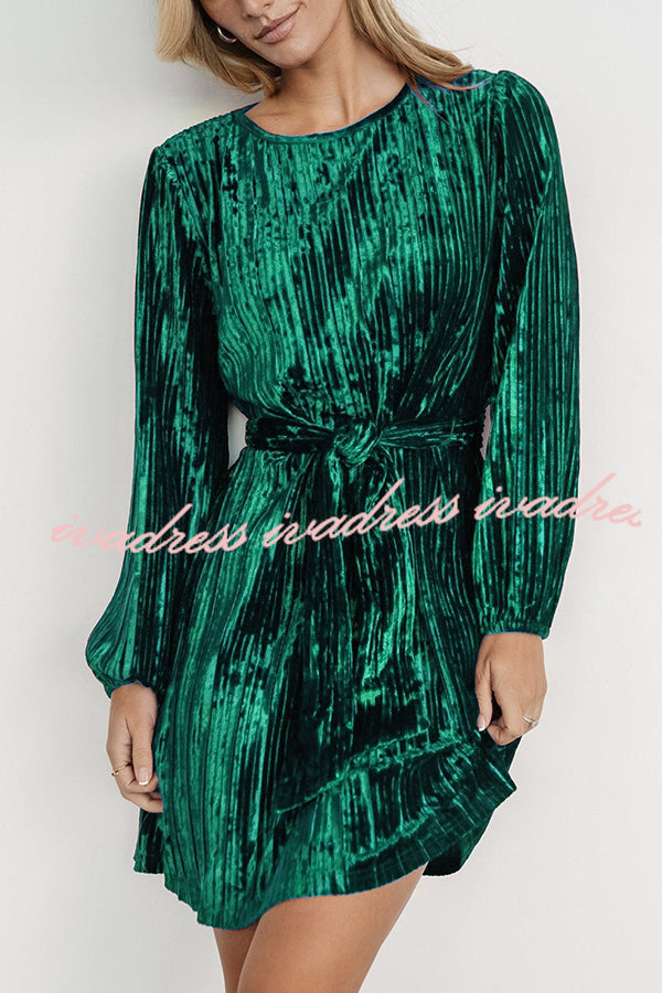 Anastasia Crew Neck Lace Up Velvet Long Sleeve Mini Dress