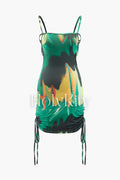 Body Heat Print Drawstring Backless Mini Dress