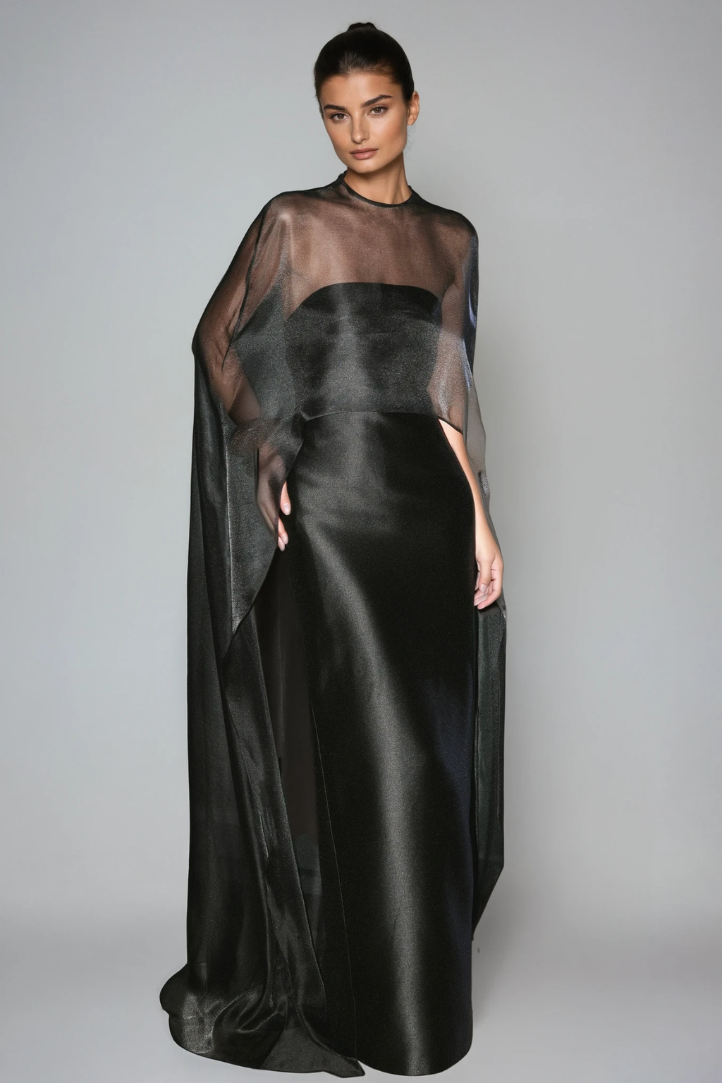 Fallon Mesh Shawl Silky Maxi Dress In Black