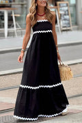 Bayside Beauty Wave Trim Patchwork Back Smocked Suspender Maxi Dress