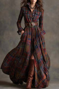 French retro waist long sleeve chiffon dress