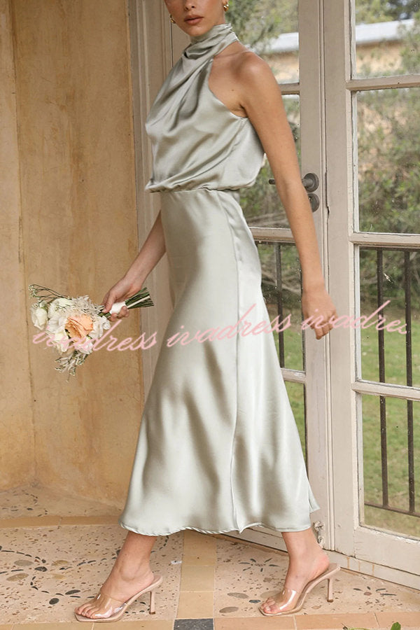 Perfectly Yours High Neck Elastic Waist  Satin Drape Maxi Dress