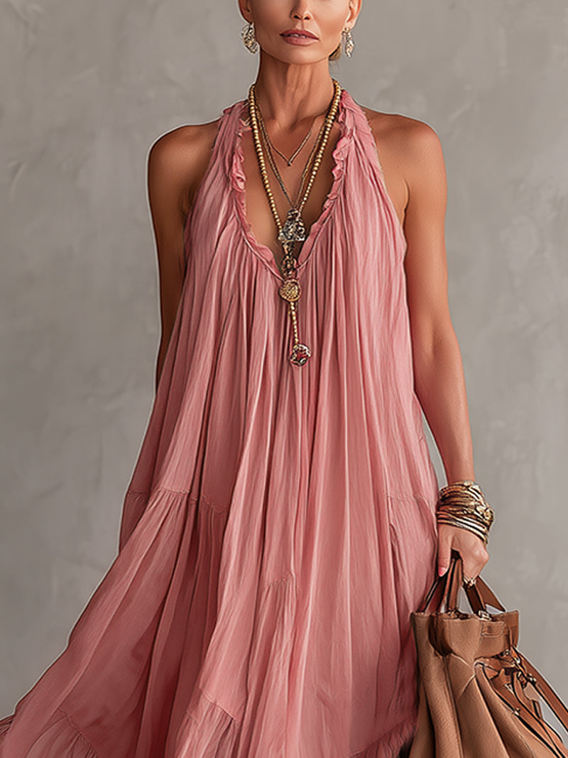 Pink Chiffon Maxi Dress With Ruffled Hem And Flowing Silhouette