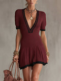 Wine Red Knit Mini Dress With Deep V-Neck And Black Trim