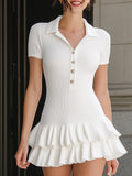 White Ribbed Polo Collar Ruffle Hem Mini Dress