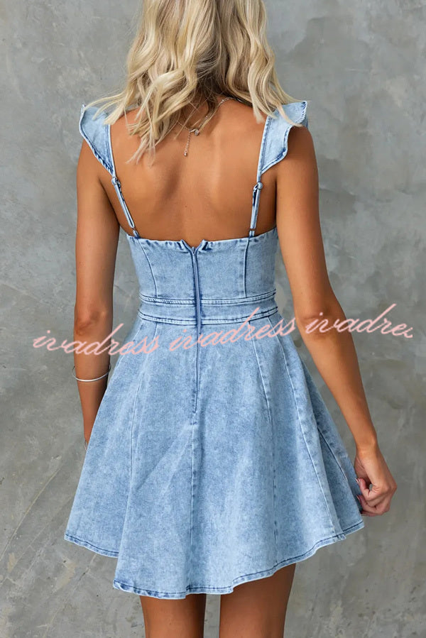 Sweet Secret Denim Square Neck Ruffle Sleeve Stretch Mini Dress