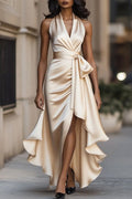 Solid Color Elegant V-neck Waist Irregular Ruffle Maxi Dress