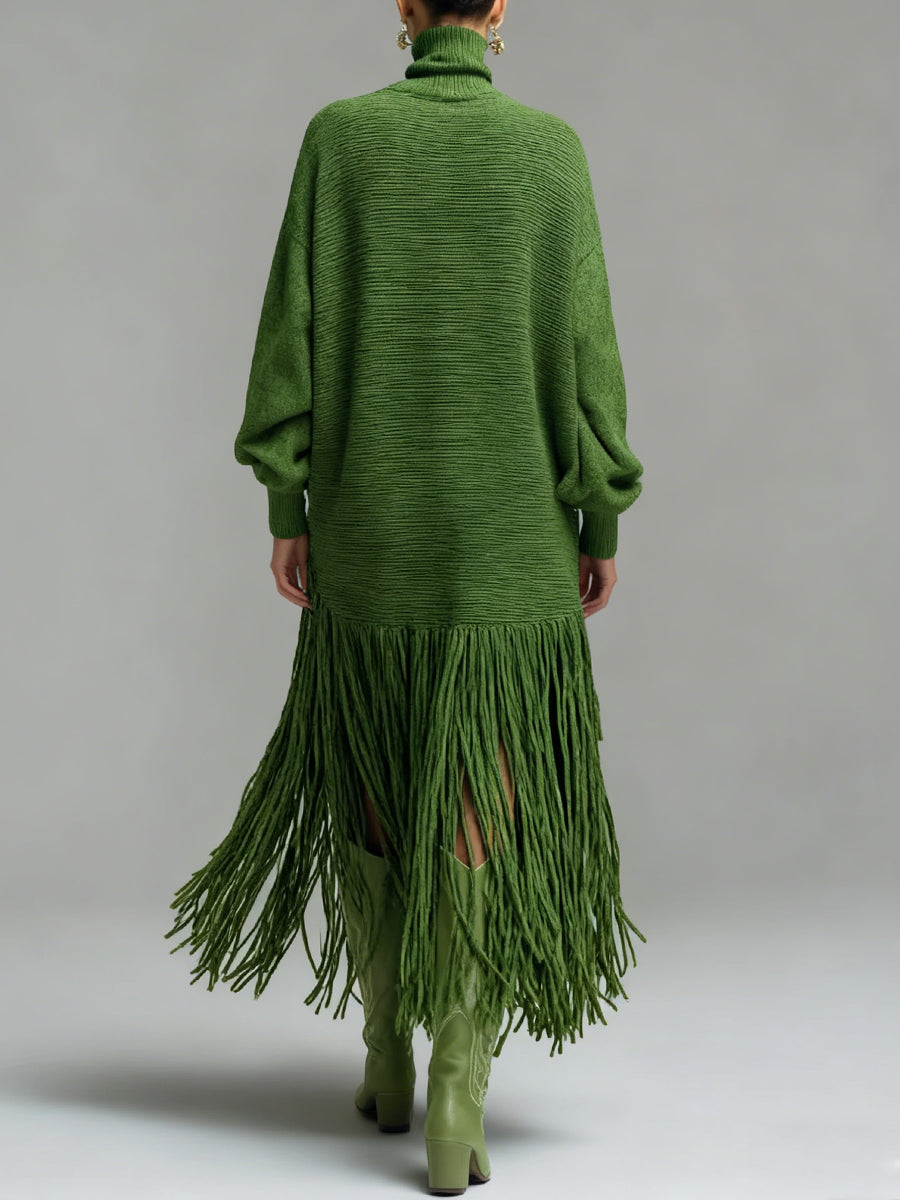 sheenchic Festival Green High Collar Long Sleeve Strappy Boho Pocket Knitted Maxi Dresses