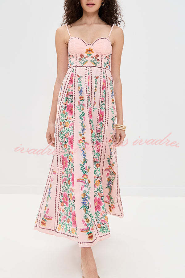 Linen Blend Delicate Forest Unique Print Sweetheart Neck Beaded Straps Maxi Dress