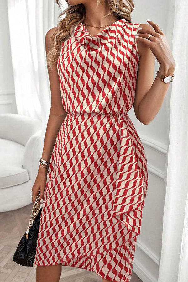 Unique Print Draped Front Neck Asymmetric Hem Mini Dress