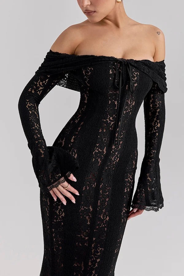 Floral Lace Off Shoulder Flare Sleeve Fishtail Maxi Dresses-White